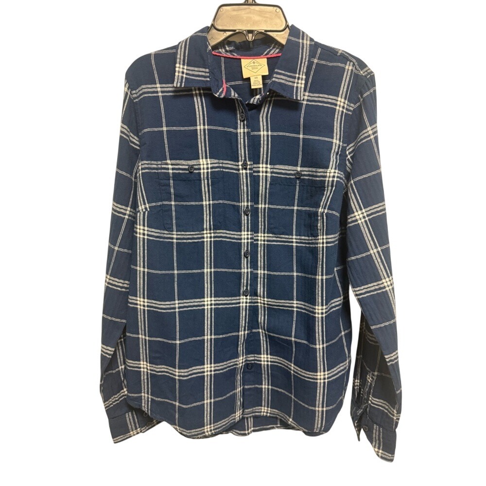 St Johns Bay Navy White Plaid Flannel Button Down Shirt XS NWT